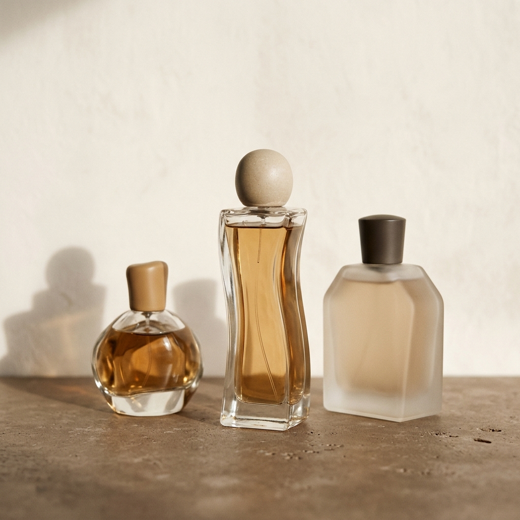 Elegant perfume bottles on warm linen